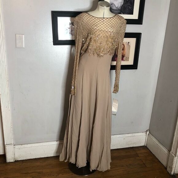 Jovani Evening Long Sleeve Beaded Illusion Beige Gatsby Deco Formal Keyhole Gown - Picture 2 of 15